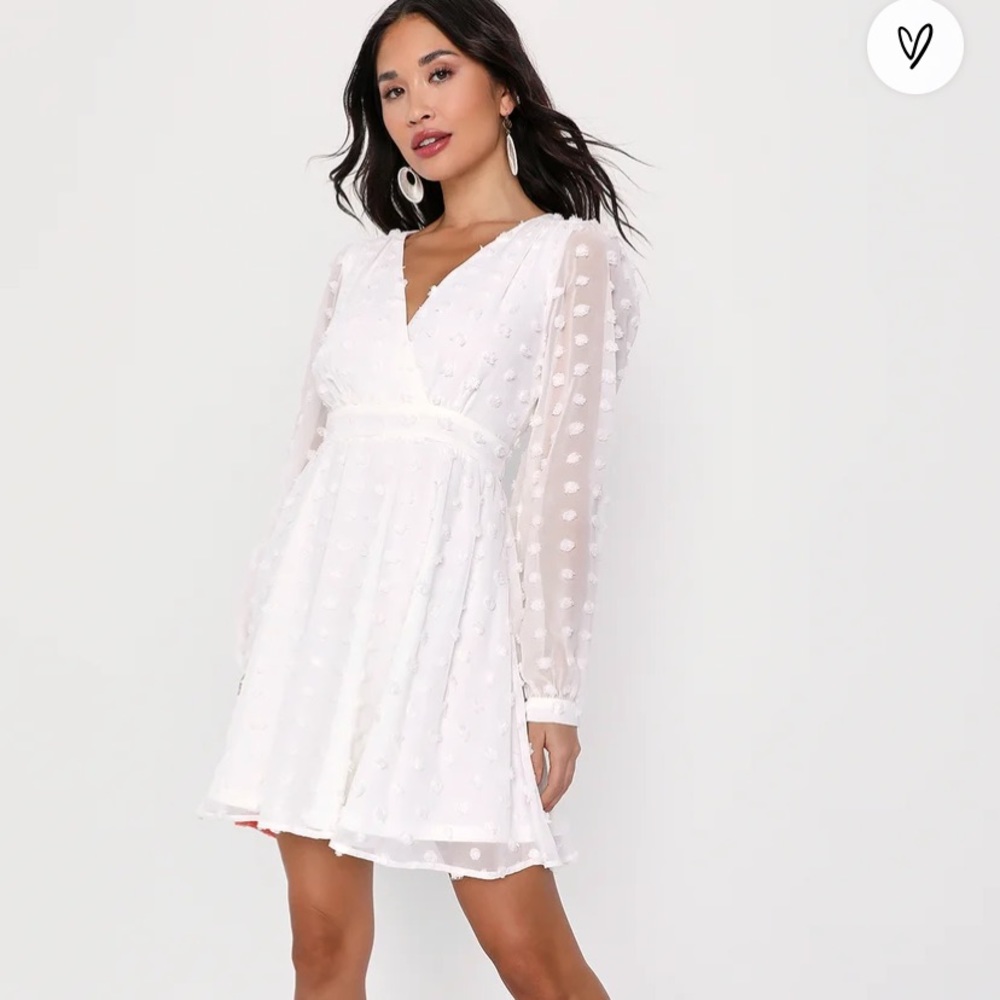 Lulus Always on Repeat White Clip Dot Long Sleeve Mini Dress size Medium